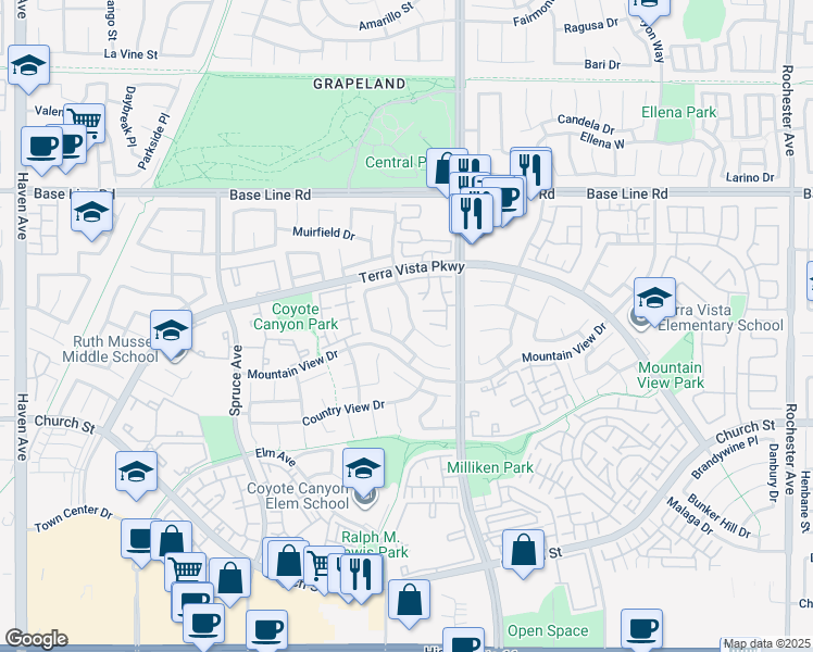map of restaurants, bars, coffee shops, grocery stores, and more near 7622 Belpine Place in Rancho Cucamonga