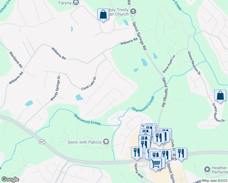 map of restaurants, bars, coffee shops, grocery stores, and more near 2041 Democracy Drive in Buford