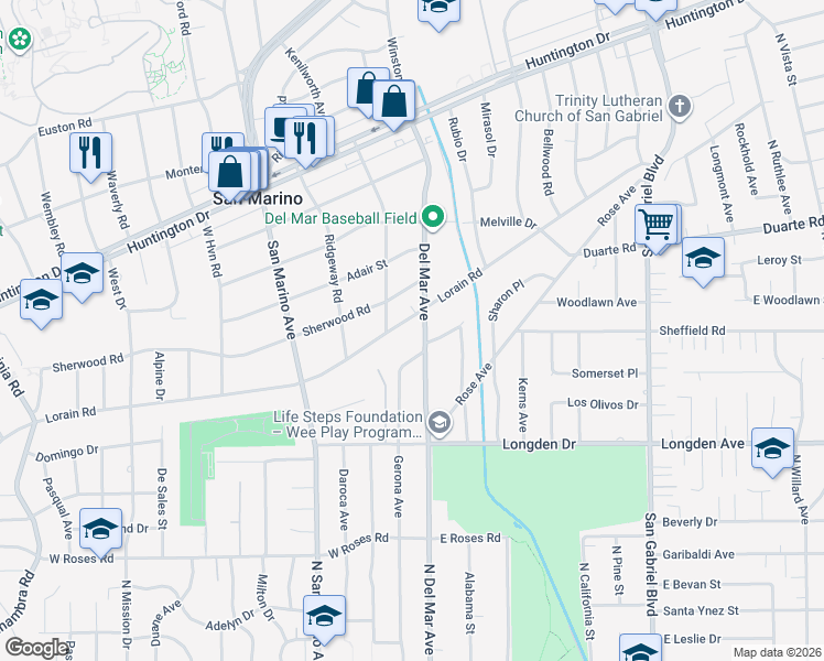 map of restaurants, bars, coffee shops, grocery stores, and more near 2510 Lorain Road in San Marino