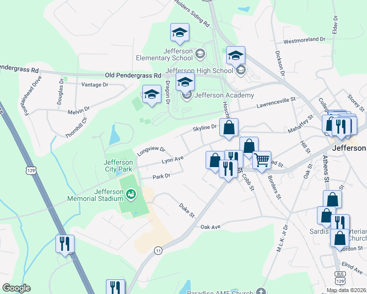 map of restaurants, bars, coffee shops, grocery stores, and more near 275 Skyline Drive in Jefferson