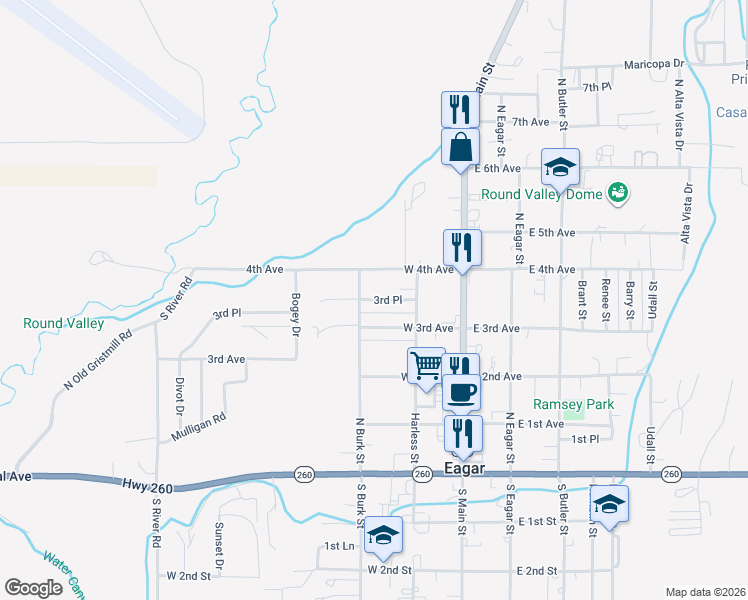 map of restaurants, bars, coffee shops, grocery stores, and more near 3rd Place in Eagar