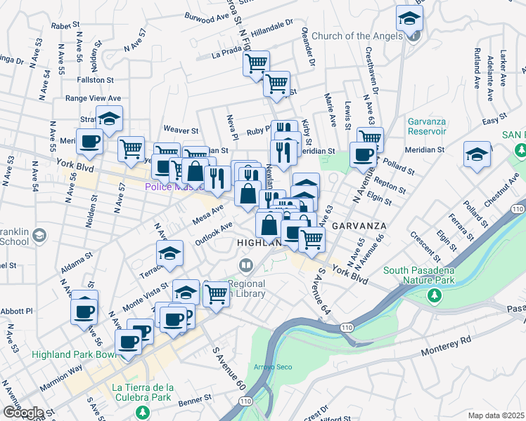 map of restaurants, bars, coffee shops, grocery stores, and more near 6117 York Boulevard in Los Angeles