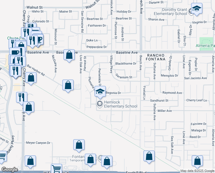 map of restaurants, bars, coffee shops, grocery stores, and more near 15085 Primrose Court in Fontana