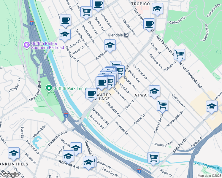 map of restaurants, bars, coffee shops, grocery stores, and more near 3170 Glendale Boulevard in Los Angeles