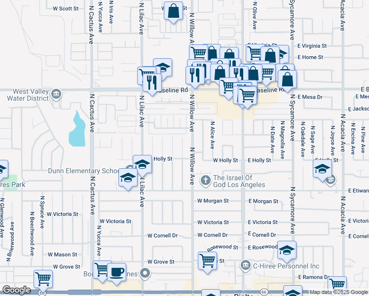 map of restaurants, bars, coffee shops, grocery stores, and more near 971 North Clifford Avenue in Rialto