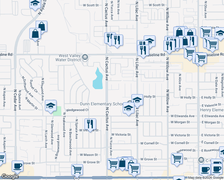 map of restaurants, bars, coffee shops, grocery stores, and more near 1029 West Madrona Street in Rialto