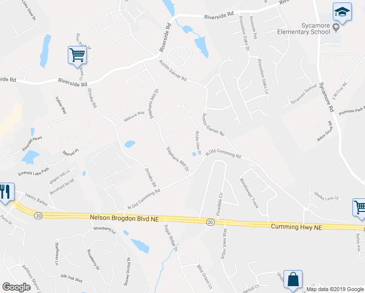 map of restaurants, bars, coffee shops, grocery stores, and more near 835 Glen Abbey Drive in Buford