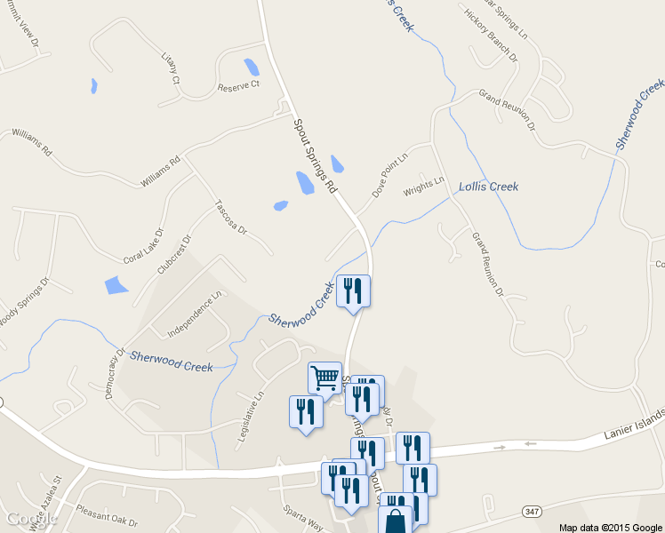 map of restaurants, bars, coffee shops, grocery stores, and more near 7225 Sherwood Mill Drive in Flowery Branch
