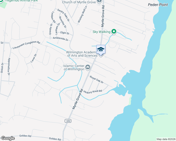 map of restaurants, bars, coffee shops, grocery stores, and more near 6336 Myrtle Grove Road in Wilmington