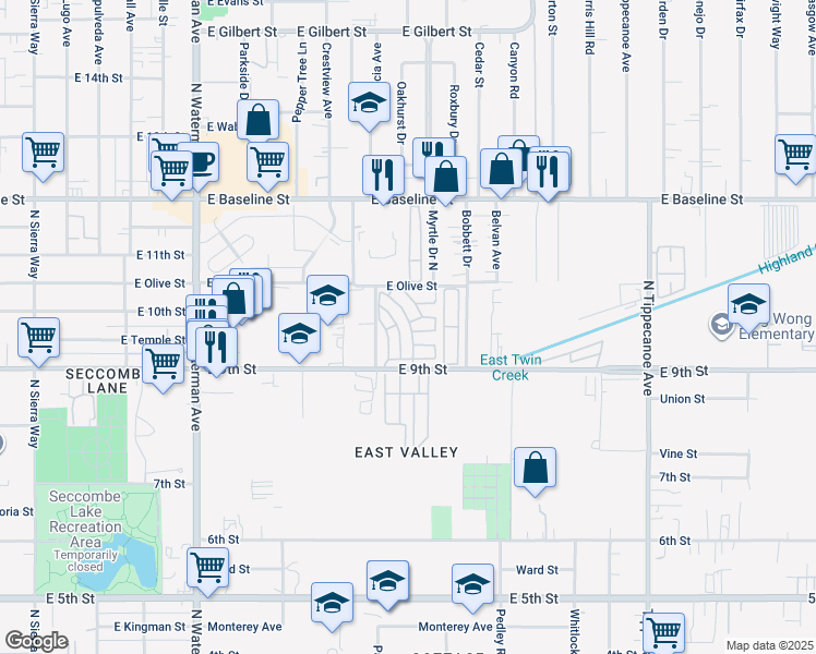 map of restaurants, bars, coffee shops, grocery stores, and more near 760 East 9th Street in San Bernardino