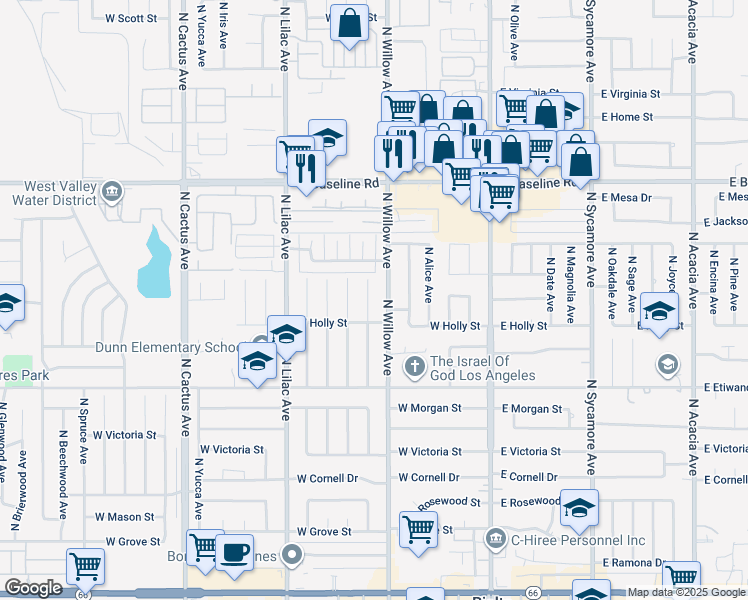 map of restaurants, bars, coffee shops, grocery stores, and more near 971 North Clifford Avenue in Rialto