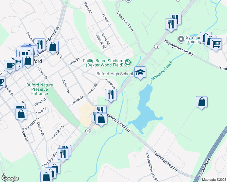 map of restaurants, bars, coffee shops, grocery stores, and more near 383 Mimosa Drive in Buford