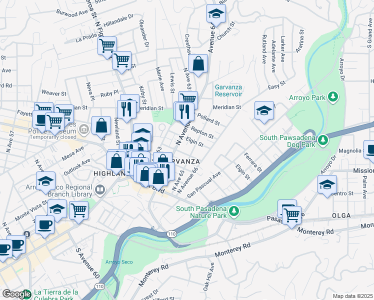map of restaurants, bars, coffee shops, grocery stores, and more near 6417 Crescent Street in Los Angeles