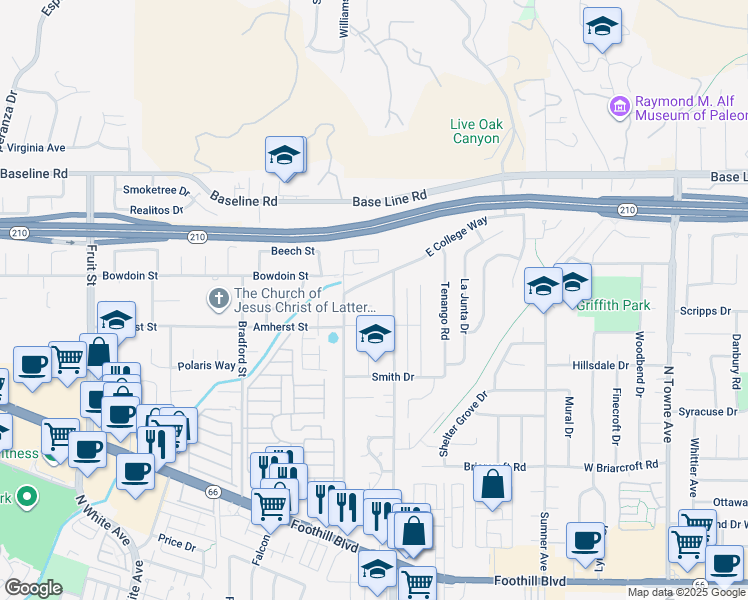 map of restaurants, bars, coffee shops, grocery stores, and more near 4026 Williams Avenue in Claremont