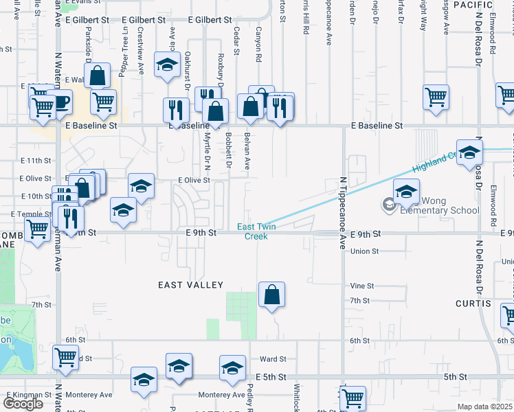 map of restaurants, bars, coffee shops, grocery stores, and more near 844f East 9th Street in San Bernardino