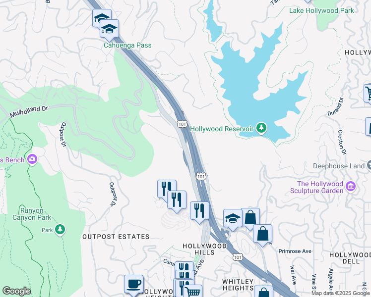 map of restaurants, bars, coffee shops, grocery stores, and more near Cahuenga Blvd W & Hillpark Dr in Los Angeles