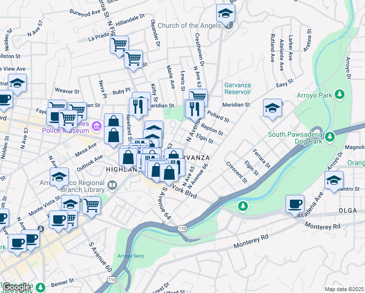 map of restaurants, bars, coffee shops, grocery stores, and more near 6315 Crescent Street in Los Angeles