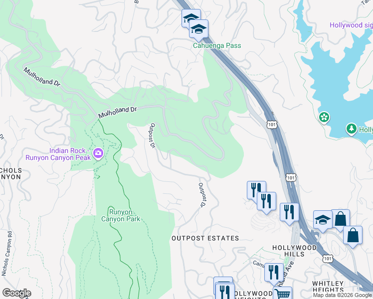 map of restaurants, bars, coffee shops, grocery stores, and more near 7141 Senalda Road in Los Angeles
