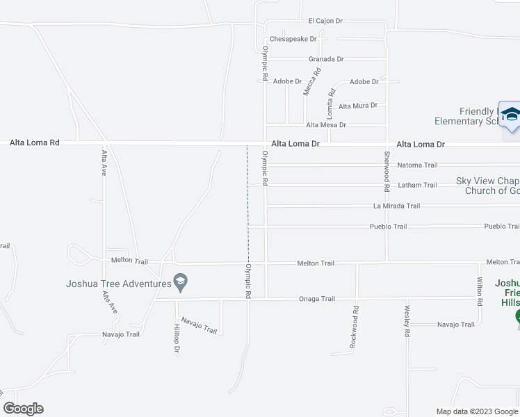 map of restaurants, bars, coffee shops, grocery stores, and more near 7466 Olympic Road in Joshua Tree