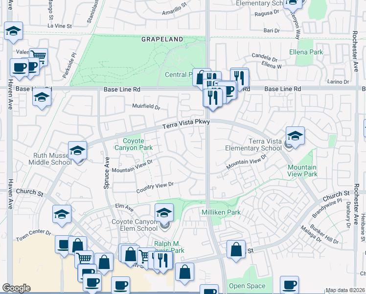 map of restaurants, bars, coffee shops, grocery stores, and more near 7545 Calais Court in Rancho Cucamonga