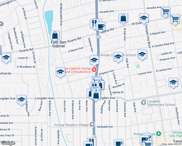 map of restaurants, bars, coffee shops, grocery stores, and more near 8939 Emperor Avenue in San Gabriel