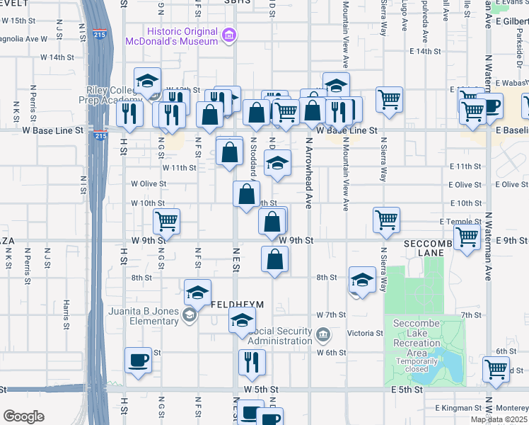 map of restaurants, bars, coffee shops, grocery stores, and more near 431 West 10th Street in San Bernardino