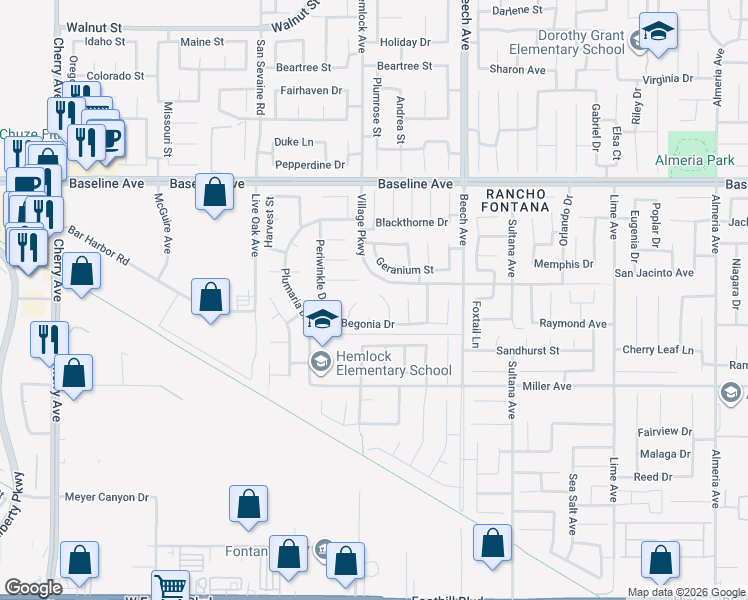 map of restaurants, bars, coffee shops, grocery stores, and more near 7510 Mums Court in Fontana
