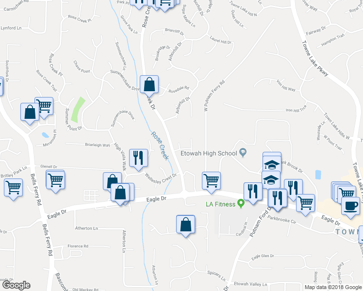 map of restaurants, bars, coffee shops, grocery stores, and more near 302 Jasmine Court in Woodstock