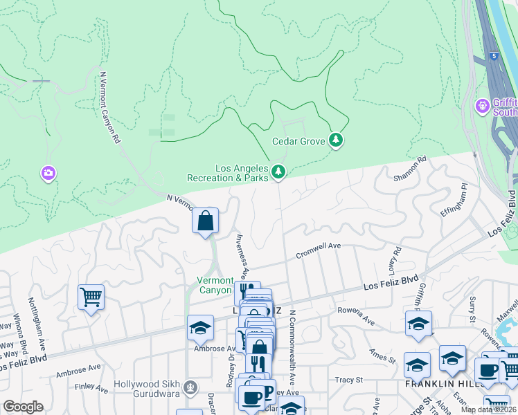 map of restaurants, bars, coffee shops, grocery stores, and more near 4575 Dundee Drive in Los Angeles