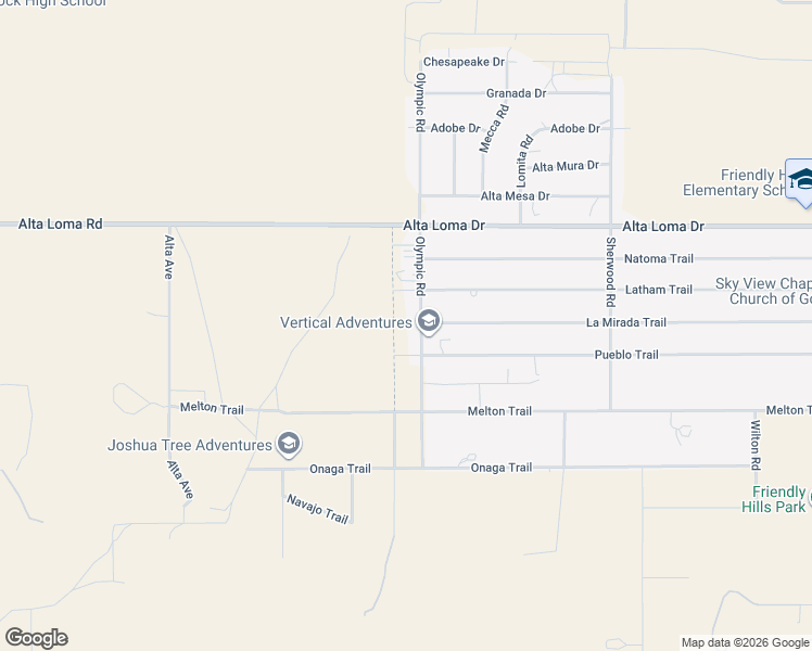 map of restaurants, bars, coffee shops, grocery stores, and more near 7454 Olympic Road in Joshua Tree