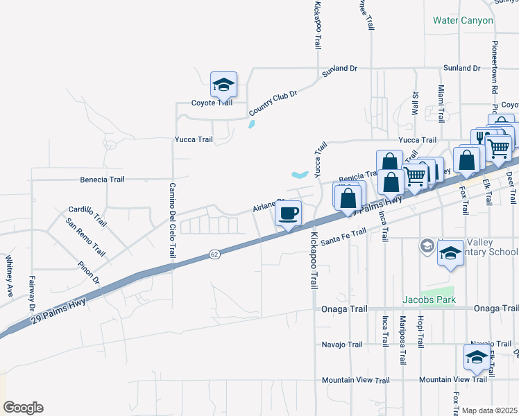 map of restaurants, bars, coffee shops, grocery stores, and more near 55142 Airlane Drive in Yucca Valley