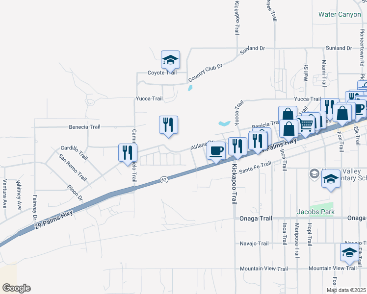 map of restaurants, bars, coffee shops, grocery stores, and more near 55100 Martinez Trail in Yucca Valley