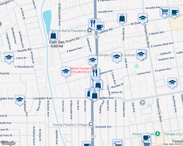 map of restaurants, bars, coffee shops, grocery stores, and more near 8946 Callita Street in San Gabriel