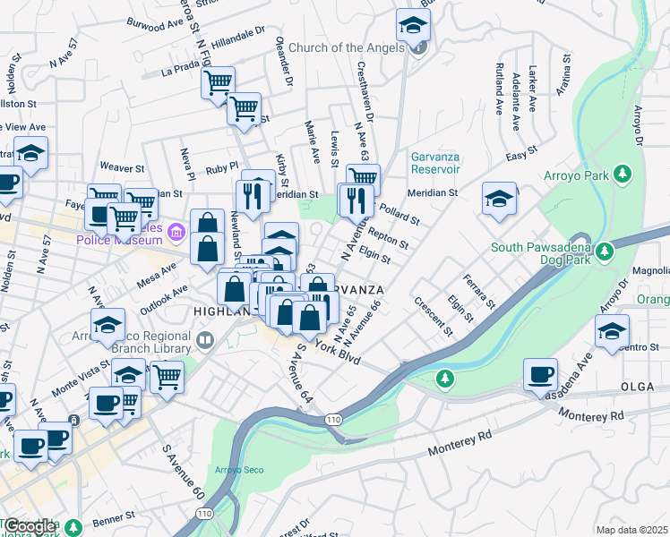 map of restaurants, bars, coffee shops, grocery stores, and more near 6315 Crescent Street in Los Angeles