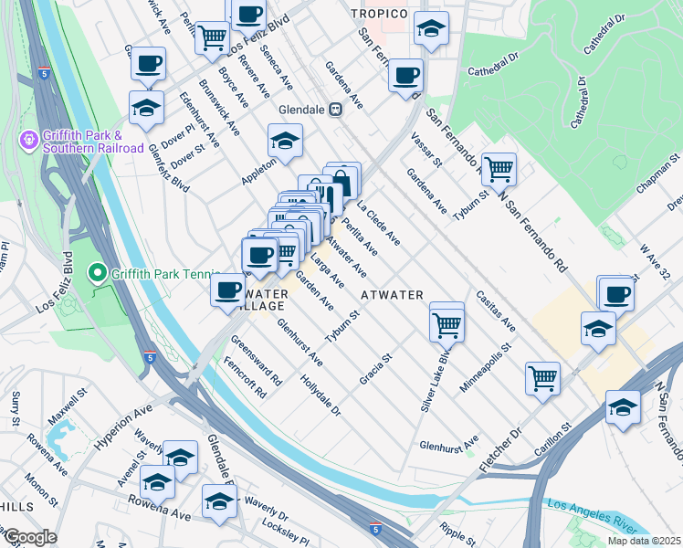 map of restaurants, bars, coffee shops, grocery stores, and more near 3454 Atwater Avenue in Los Angeles