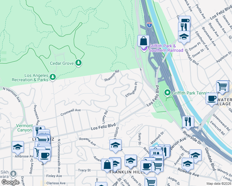 map of restaurants, bars, coffee shops, grocery stores, and more near 3631 Lowry Road in Los Angeles