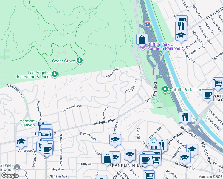 map of restaurants, bars, coffee shops, grocery stores, and more near 3631 Lowry Road in Los Angeles
