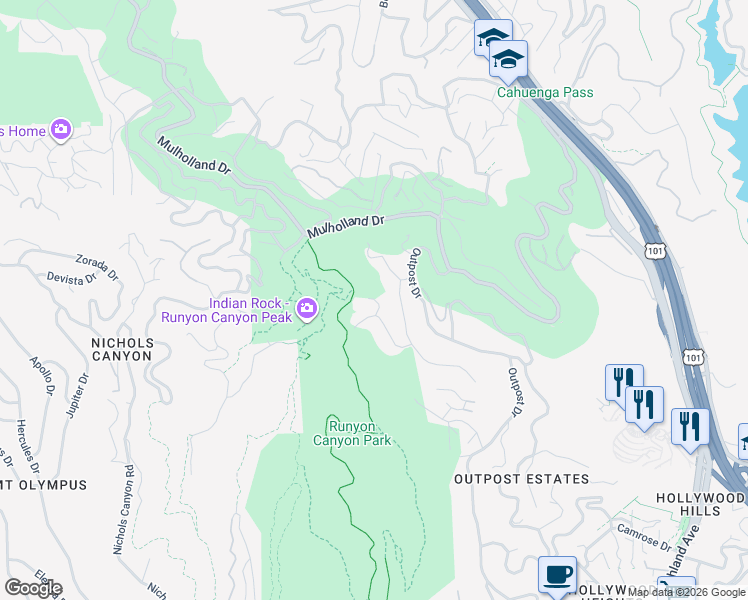 map of restaurants, bars, coffee shops, grocery stores, and more near 2666 Larmar Road in Los Angeles