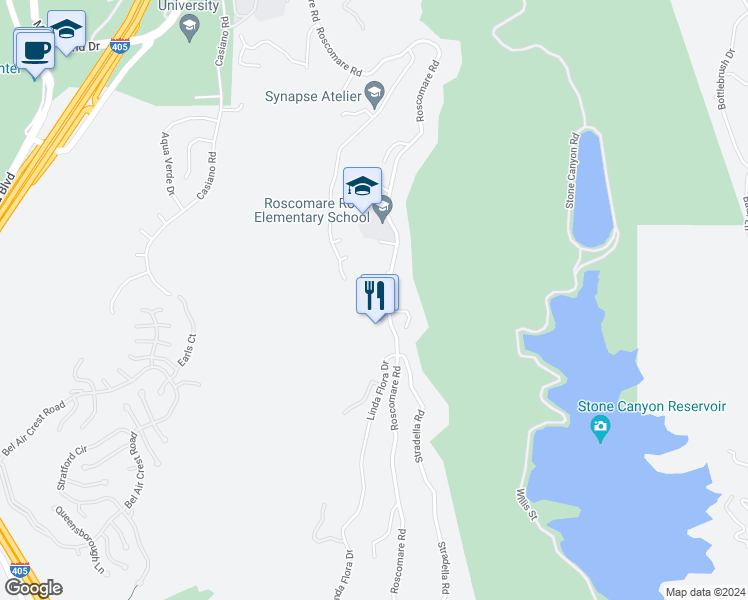 map of restaurants, bars, coffee shops, grocery stores, and more near 2354 Roscomare Road in Los Angeles