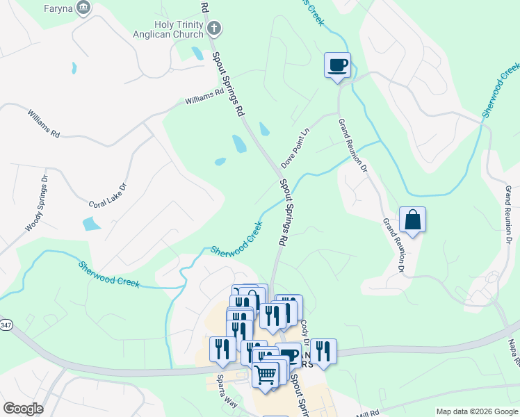 map of restaurants, bars, coffee shops, grocery stores, and more near 7225 Sherwood Mill Drive in Flowery Branch