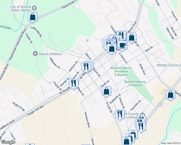 map of restaurants, bars, coffee shops, grocery stores, and more near 227 West Moreno Street in Buford