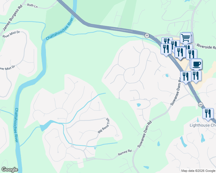 map of restaurants, bars, coffee shops, grocery stores, and more near 209 Brookcliff Drive Northeast in Sugar Hill