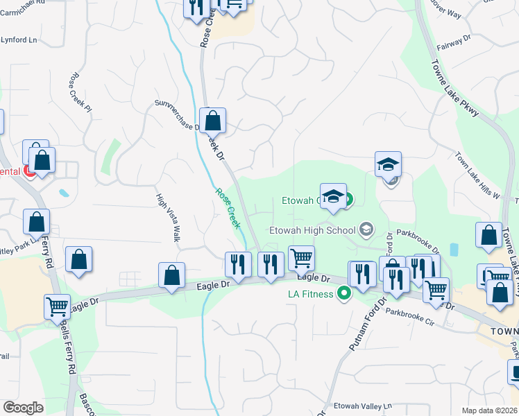 map of restaurants, bars, coffee shops, grocery stores, and more near 302 Jasmine Court in Woodstock