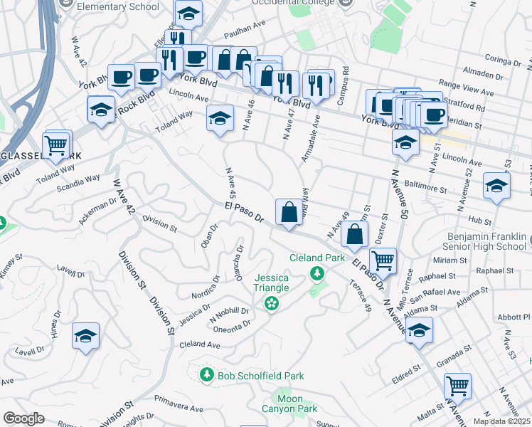 map of restaurants, bars, coffee shops, grocery stores, and more near 1068 El Paso Drive in Los Angeles
