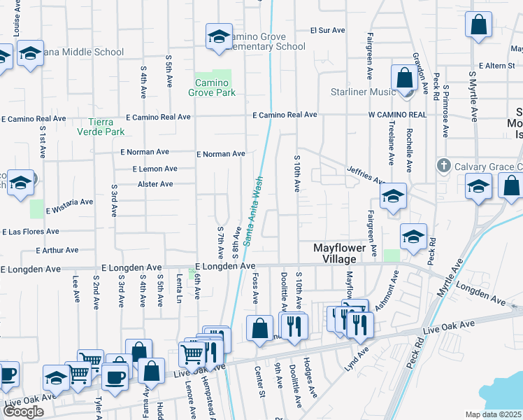 map of restaurants, bars, coffee shops, grocery stores, and more near 2625 Foss Avenue in Arcadia
