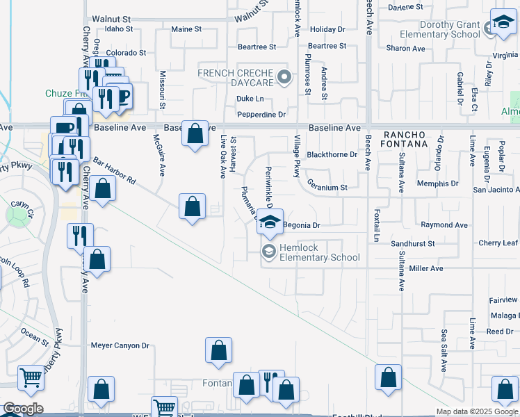 map of restaurants, bars, coffee shops, grocery stores, and more near 14981 Daisy Circle in Fontana
