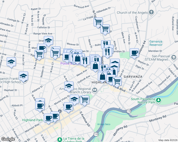map of restaurants, bars, coffee shops, grocery stores, and more near 6190 Mesa Avenue in Los Angeles