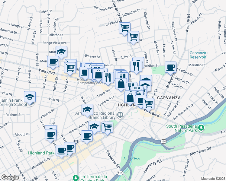 map of restaurants, bars, coffee shops, grocery stores, and more near 6190 Mesa Avenue in Los Angeles