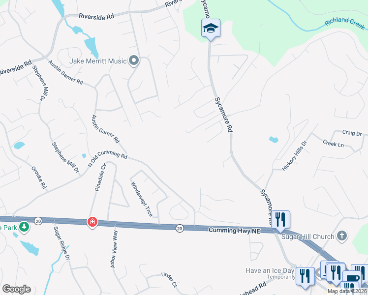 map of restaurants, bars, coffee shops, grocery stores, and more near 5514 Sycamore Road in Buford