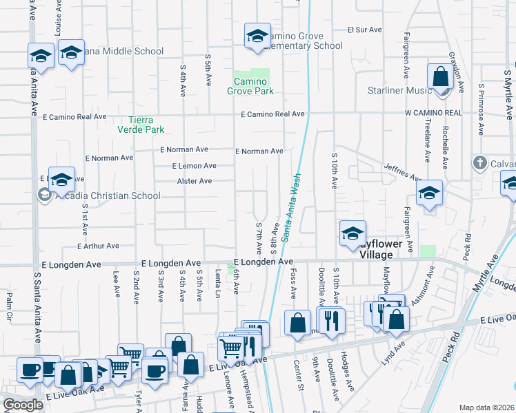 map of restaurants, bars, coffee shops, grocery stores, and more near 1920 South 7th Avenue in Arcadia